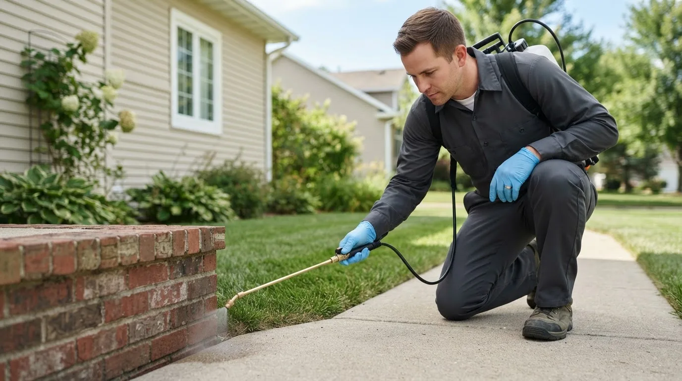Pest control technician treating a home near Townshend, VT